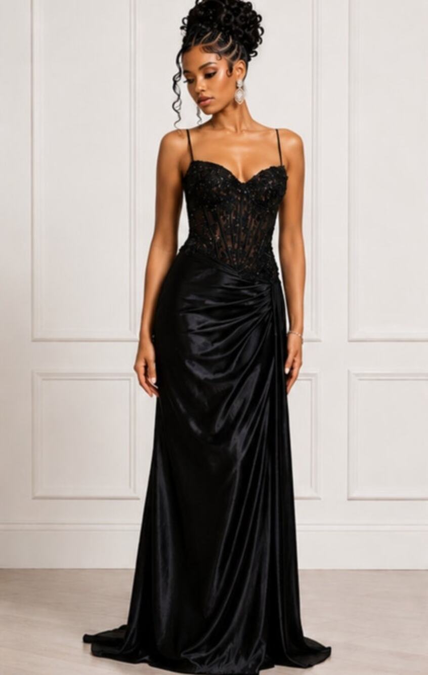 Alglist Black Satin Beaded Mermaid Evening Gown High Slit Formal Dress Size 6